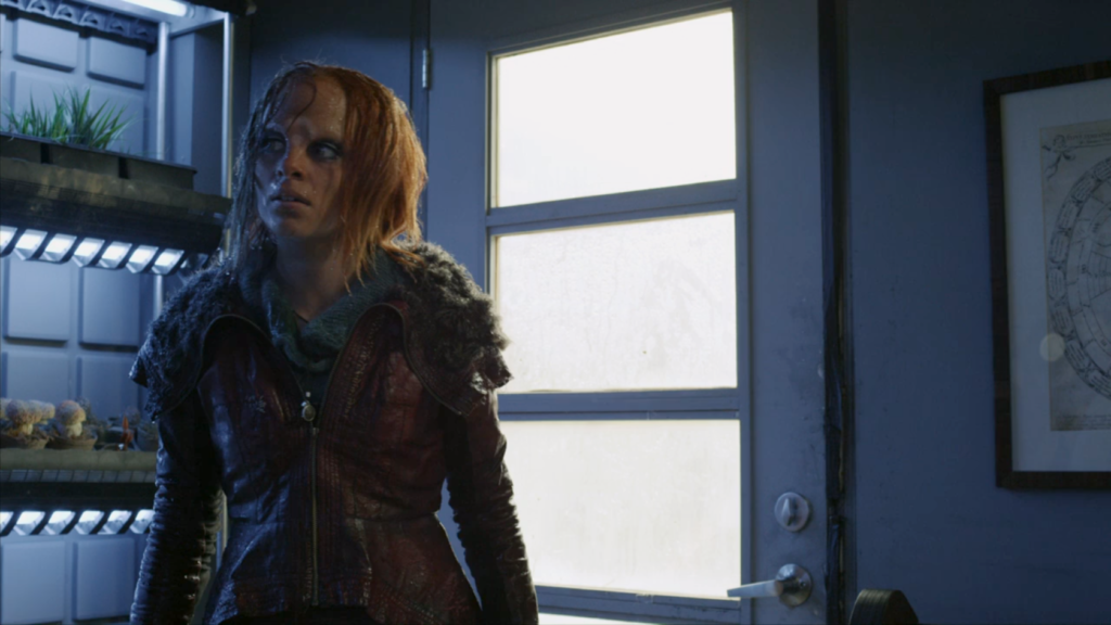 Stephanie Leonidas as Irisa, dripping wet from the rain